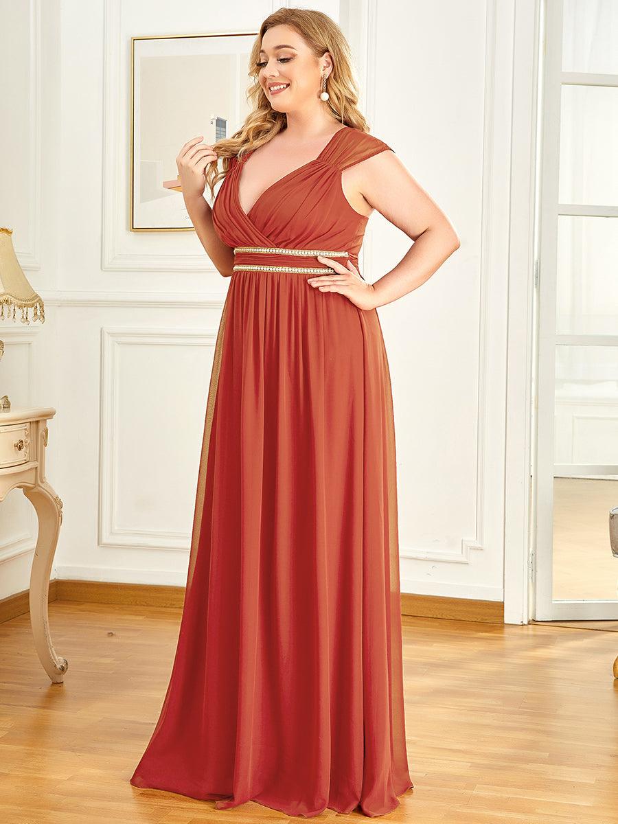 Robe de Soirée A-ligne en Mousseline de Soie avec Ceinture Perlée et Col en V de Grande Taille #Couleur_Burnt Orange