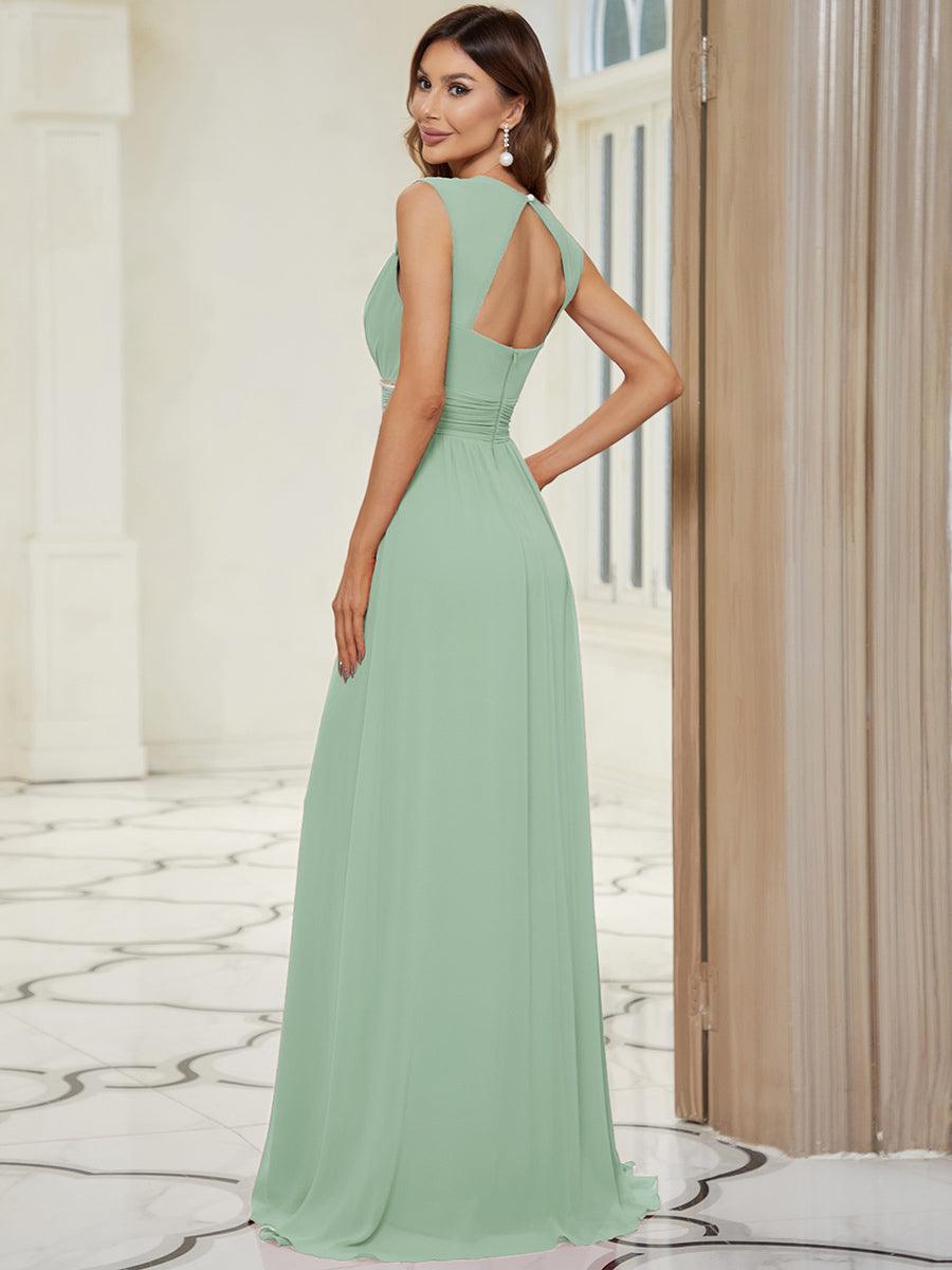 Robe longue de demoiselle d'honneur froncée à col en V #Couleur_Menthe Verte