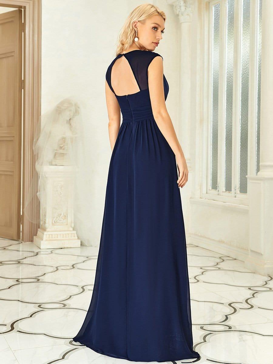 Robe longue de demoiselle d'honneur froncée à col en V #Couleur_Bleu Marine
