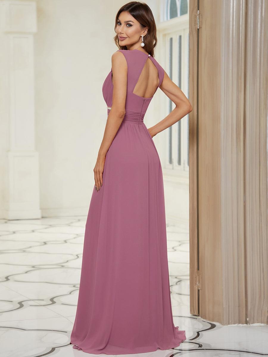 Robe longue de demoiselle d'honneur froncée à col en V #Couleur_Orchidee