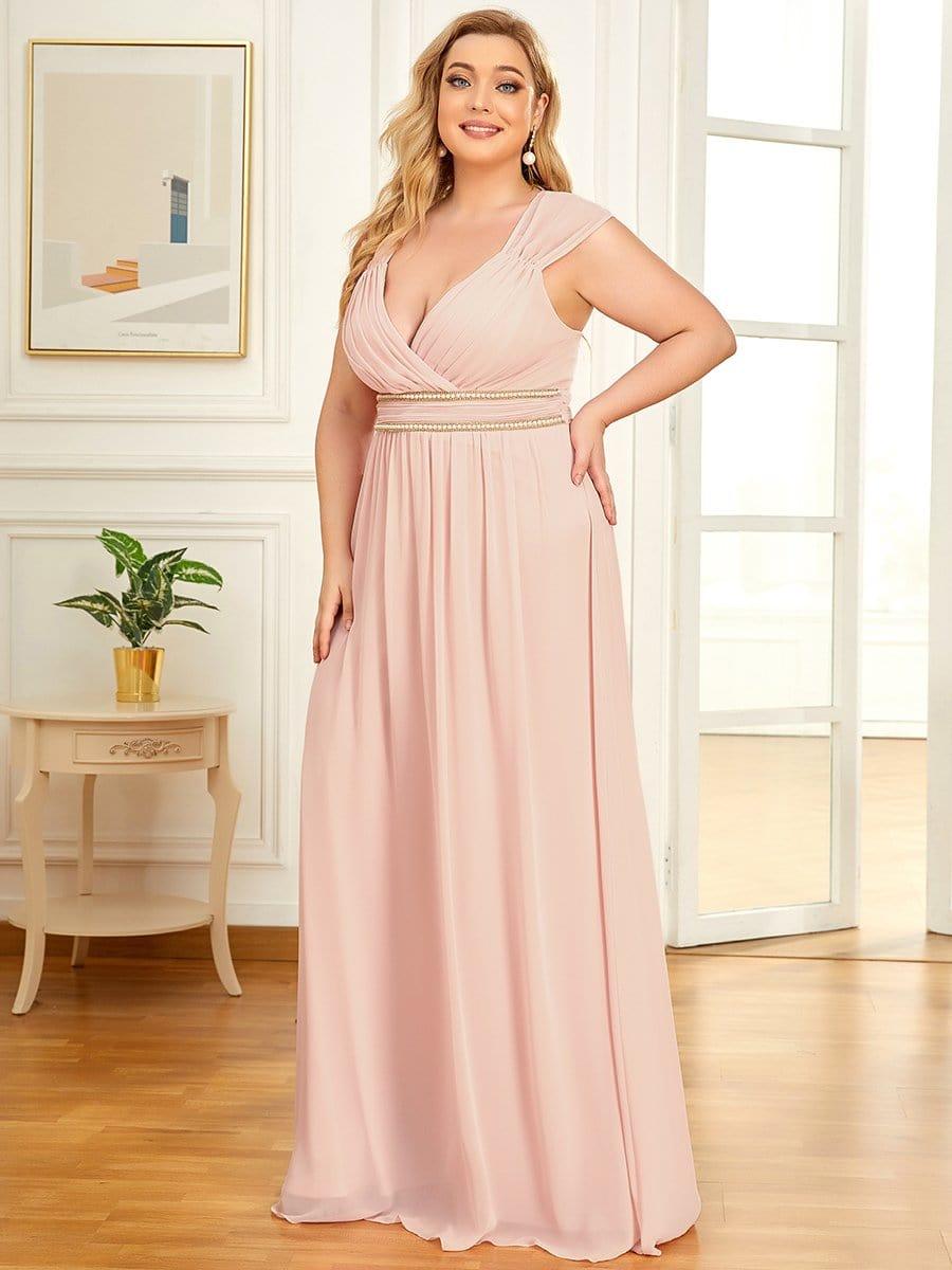 Robe de Soirée A-ligne en Mousseline de Soie avec Ceinture Perlée et Col en V de Grande Taille #Couleur_Rose