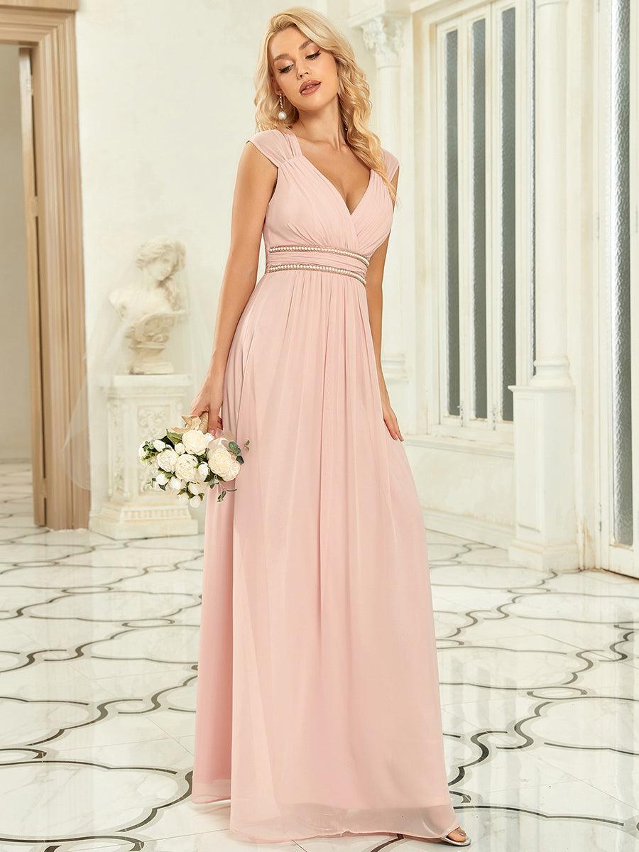Robe longue de demoiselle d'honneur froncée à col en V #Couleur_Rose