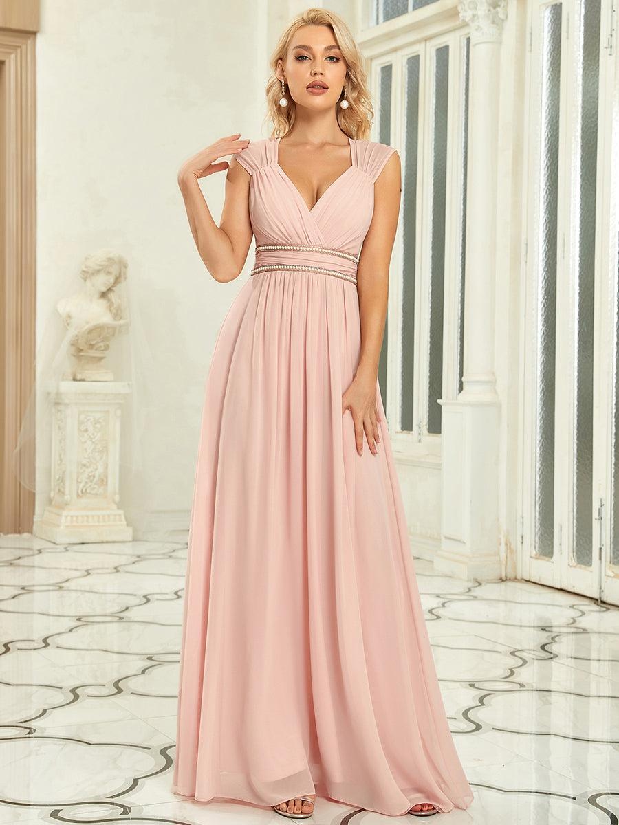 Robe longue de demoiselle d'honneur froncée à col en V #Couleur_Rose