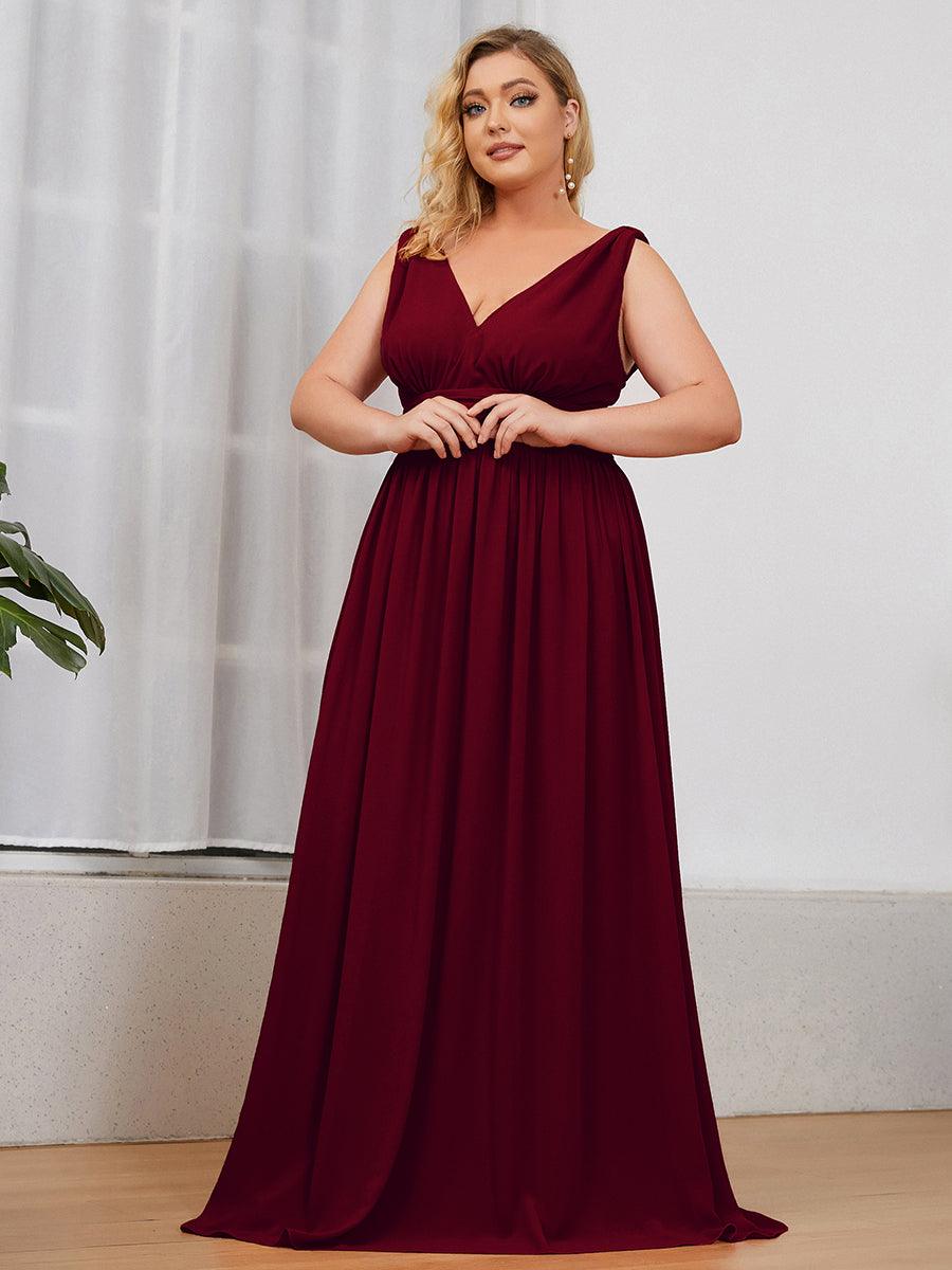 Robes de soirée Grande Taille Semi-Formelle Chiffon à Col V sans Manches #Couleur_Bordeaux