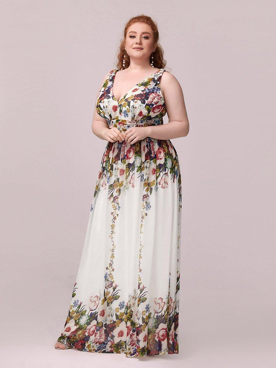 Robes de soirée Grande Taille Semi-Formelle Chiffon à Col V sans Manches #Couleur_Creme Imprime