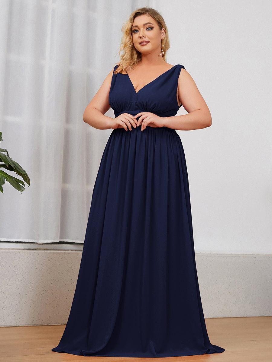 Robes de soirée Grande Taille Semi-Formelle Chiffon à Col V sans Manches #Couleur_Bleu Marine