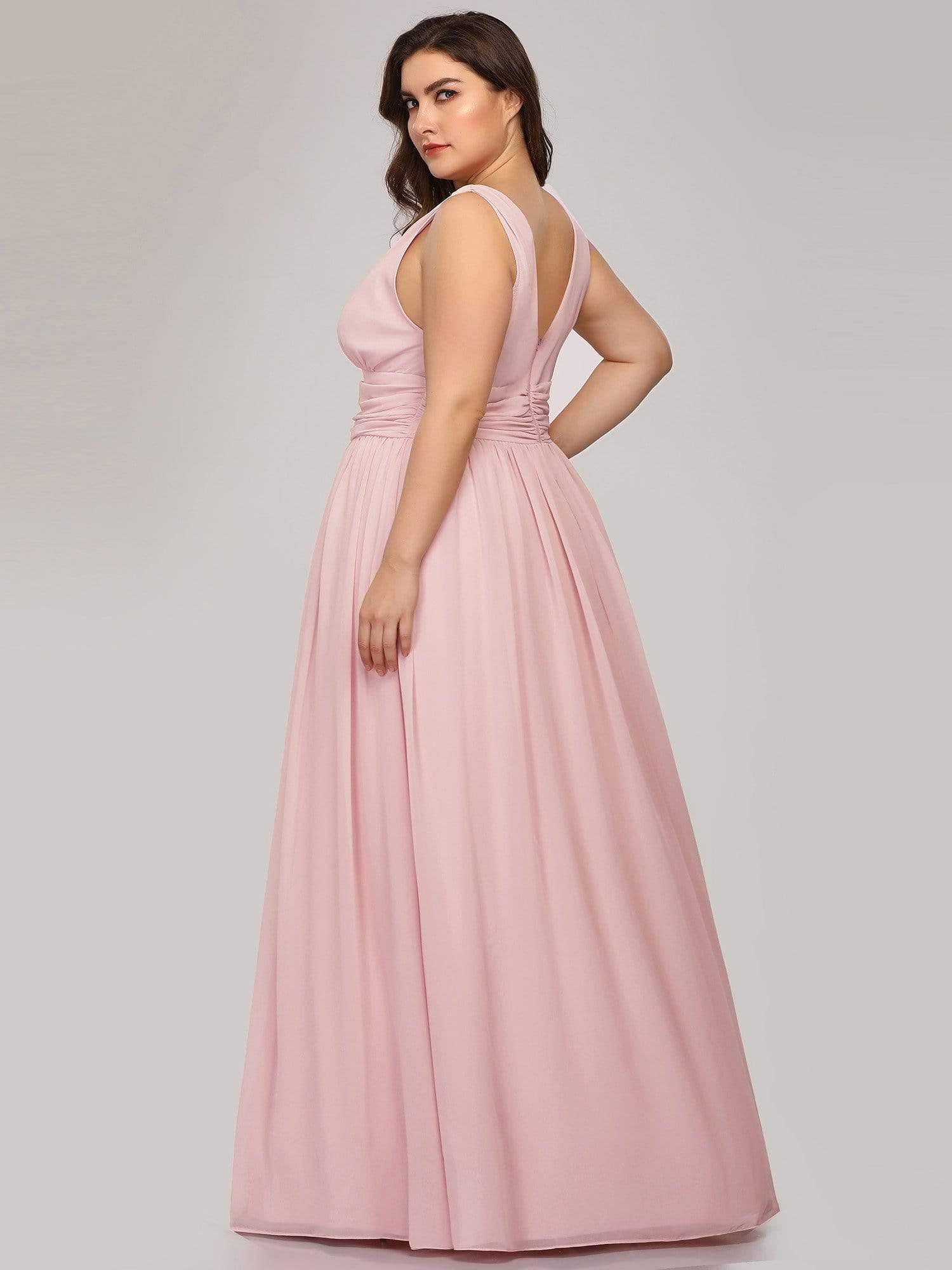 Robe de demoiselle d'honneur Grande Taille à Col V sans Manches #Couleur_Rose