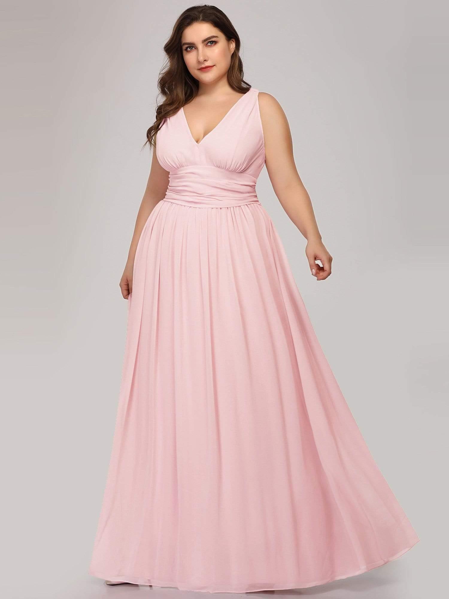 Robe de demoiselle d'honneur Grande Taille à Col V sans Manches #Couleur_Rose