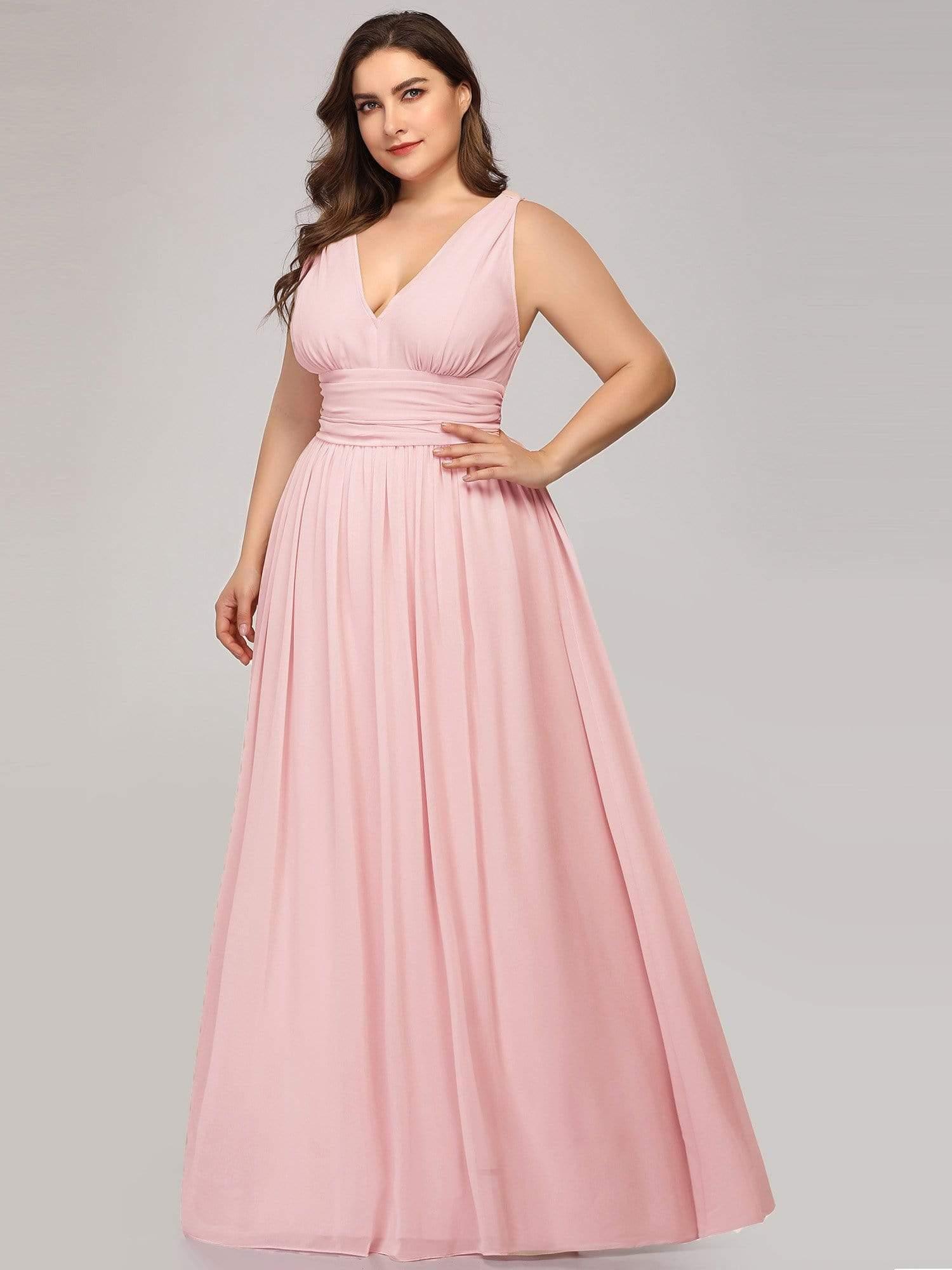 Robe de demoiselle d'honneur Grande Taille à Col V sans Manches #Couleur_Rose