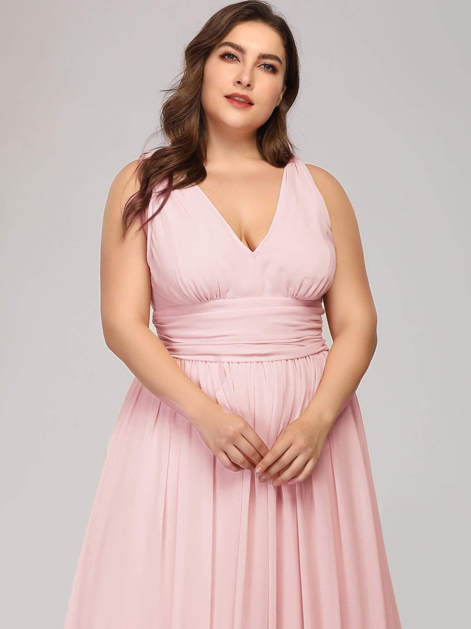 Robe de demoiselle d'honneur Grande Taille à Col V sans Manches #Couleur_Rose