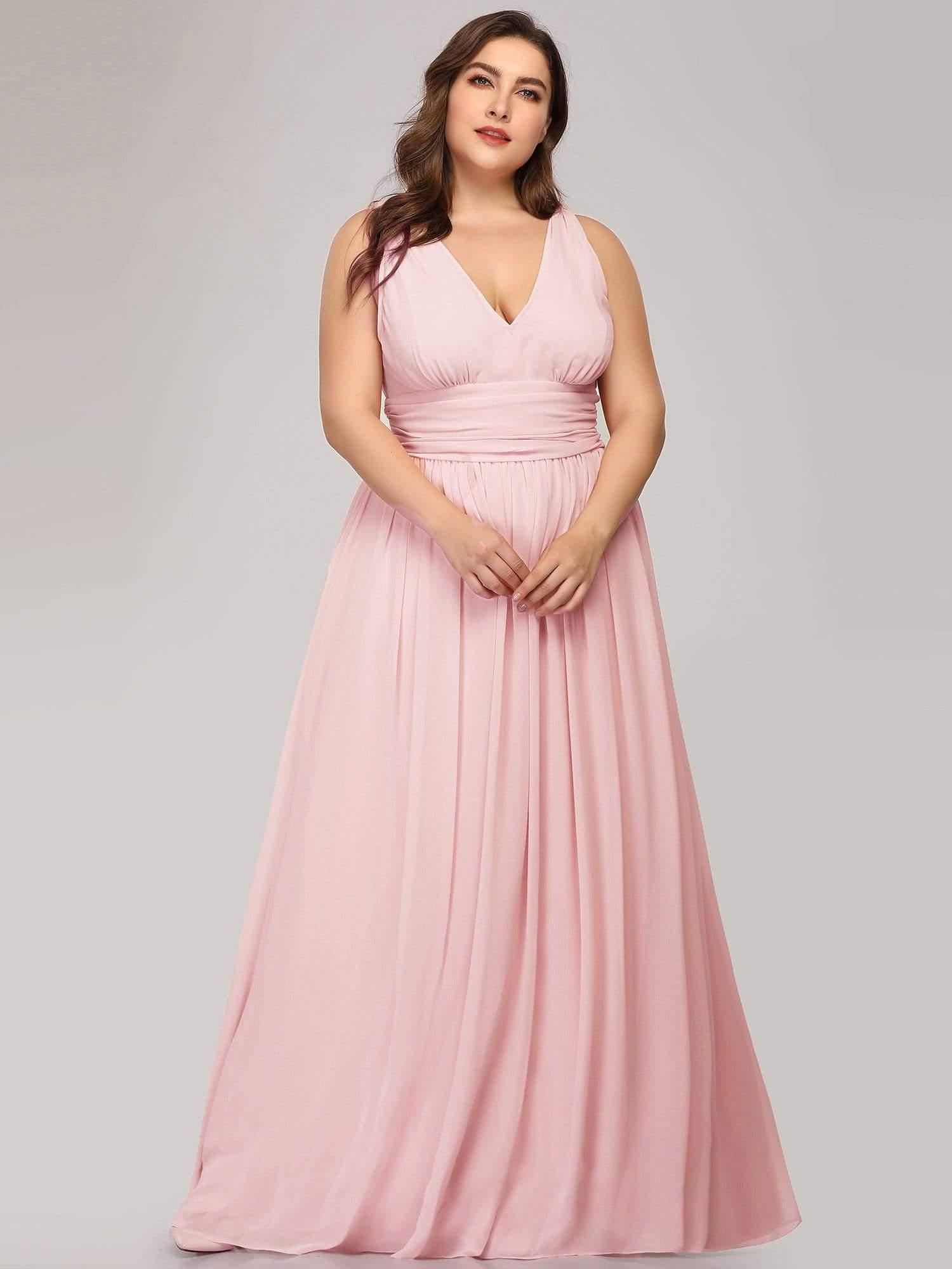 Robe de demoiselle d'honneur Grande Taille à Col V sans Manches #Couleur_Rose