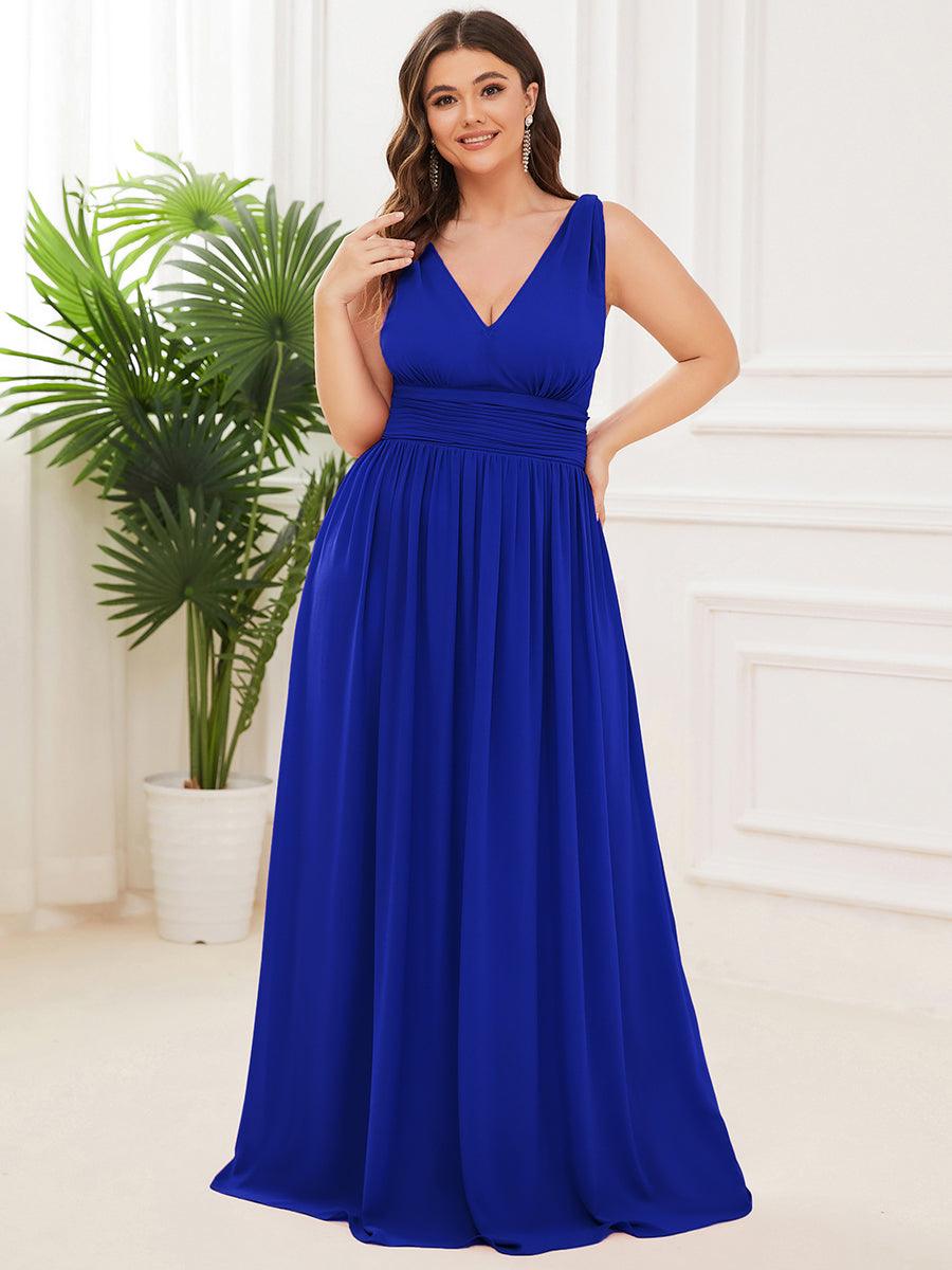 Taille personnalisée Robe de soirée sans manches plissé chiffon #Couleur_Bleu Saphir