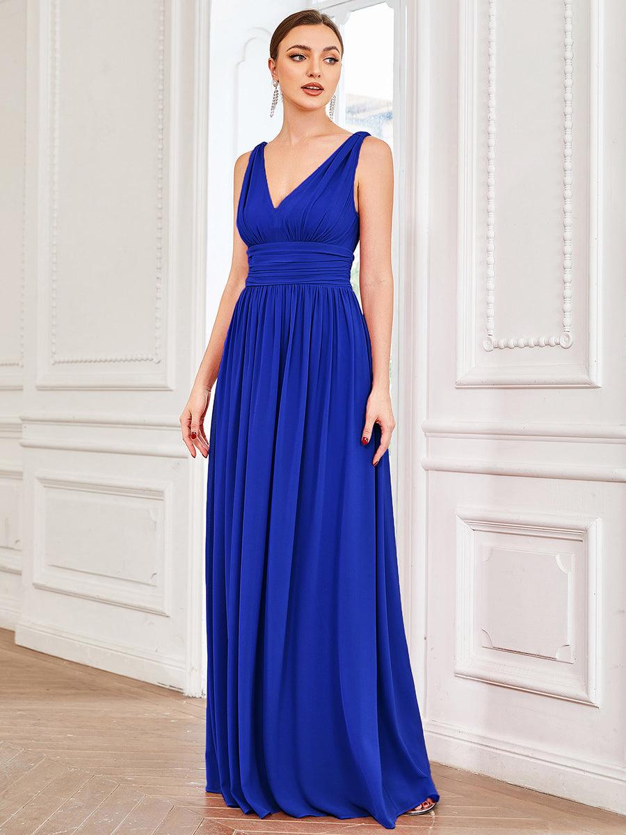 Taille personnalisée Robe de soirée sans manches plissé chiffon #Couleur_Bleu Saphir