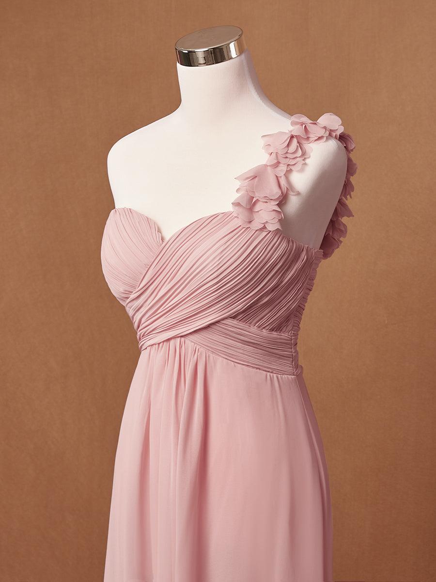 Robes de Demoiselle d'Honneur Maxi Chiffon à Une épaule pour Femmes #Couleur_Rose