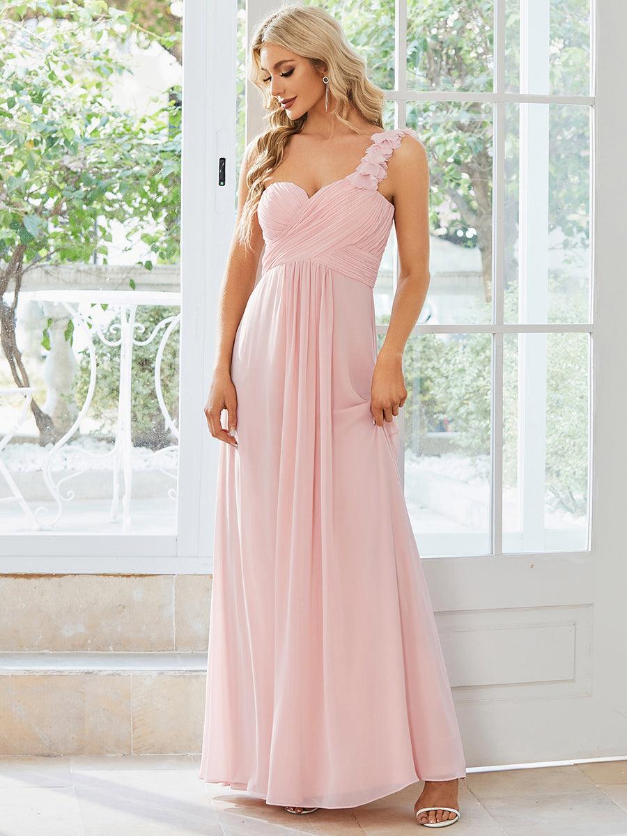 Robes de Demoiselle d'Honneur Maxi Chiffon à Une épaule pour Femmes #Couleur_Rose