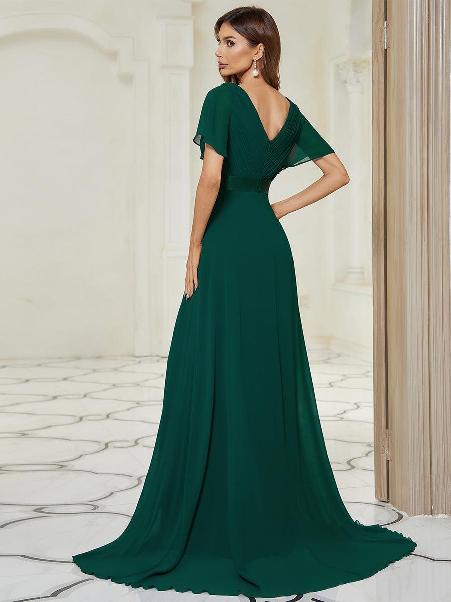 Robe de soirée fluide élégante en mousseline à taille haute #Couleur_Vert Fonce