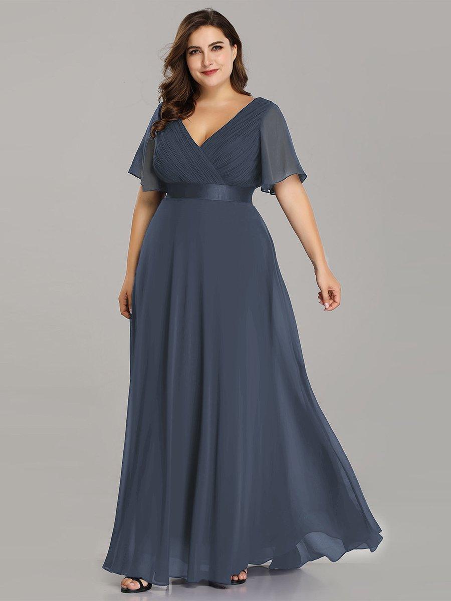 Robe de Soirée Grande Taille Empire avec Manches Flottantes #Couleur_Marine Fume