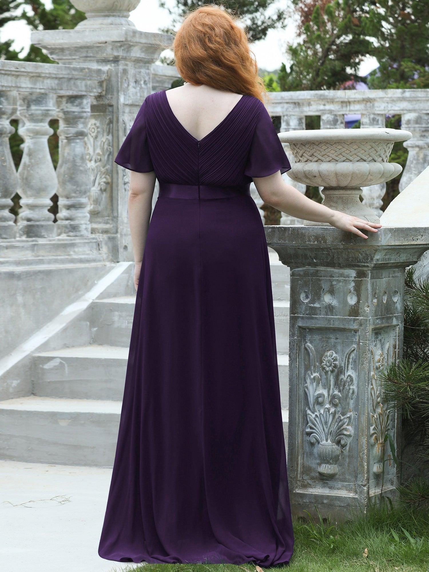Robe mariage invitée Grande Taille Empire avec Manches Flottantes #Couleur_Violet Fonce