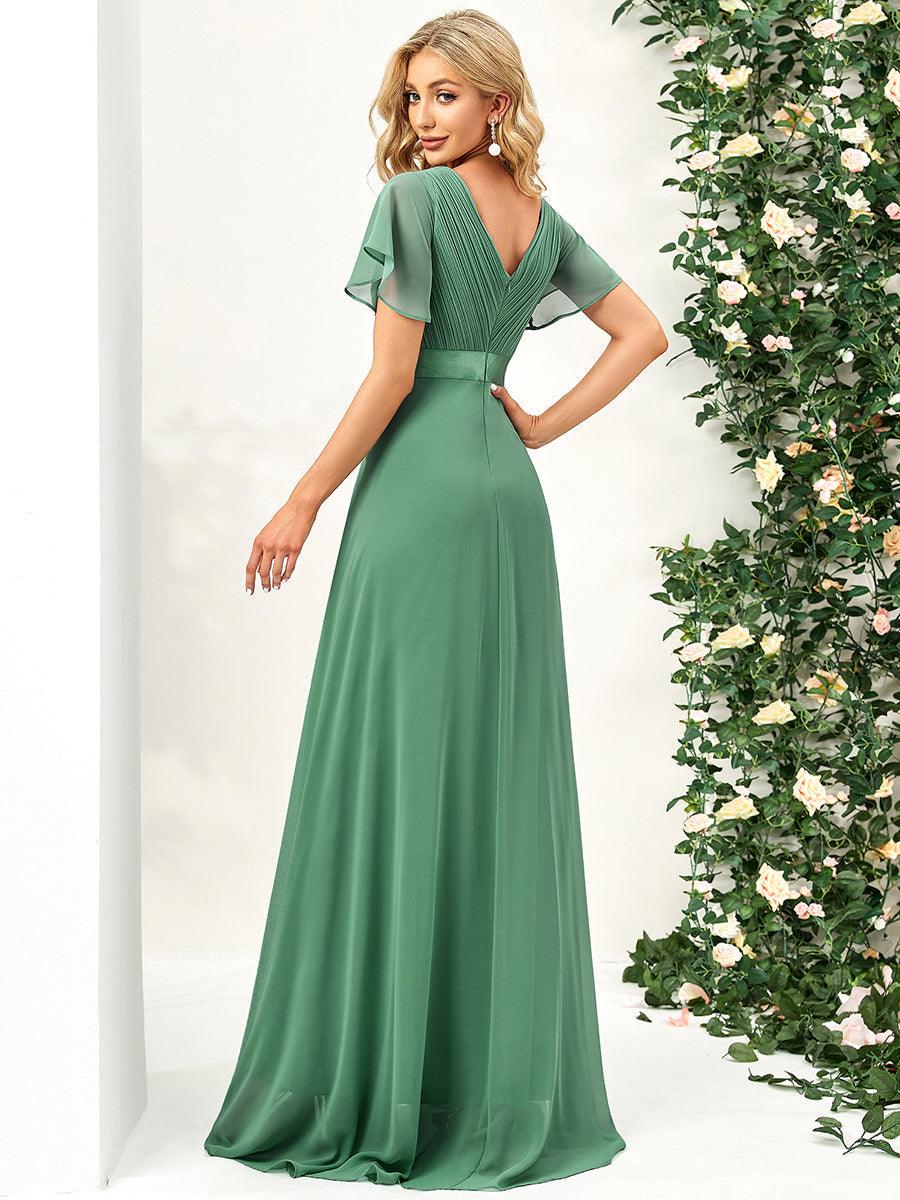 Robe de Soirée élégante en mousseline à taille haute et manches courtes #Couleur_Haricot Vert