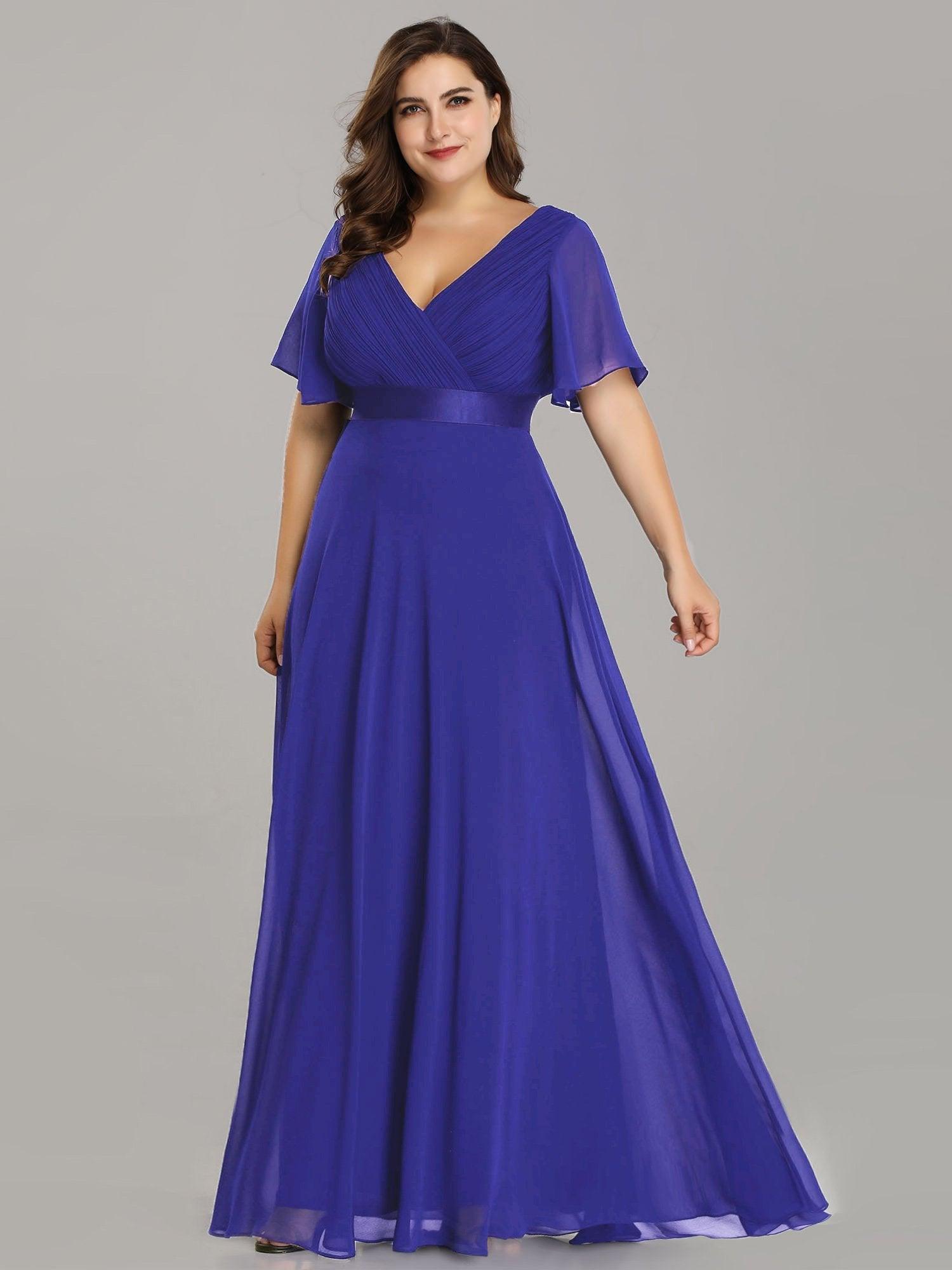 Robe de Soirée Grande Taille Empire avec Manches Flottantes #Couleur_Bleu Saphir