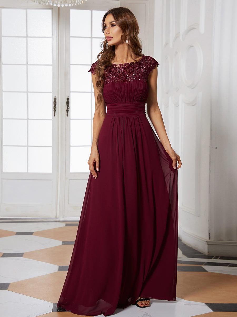 Robe de soirée élégante longue en dentelle à manches longues #Couleur_Bordeaux