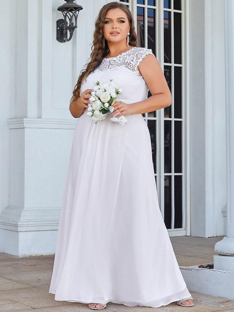 Robe de mariée en mousseline plissée unie avec décorations en dentelle #Couleur_Blanc