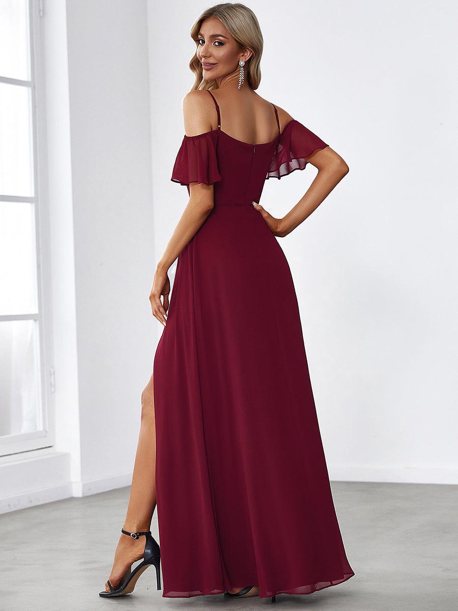 Robe invitée mariage fendue été sexy à épaules dénudées #Couleur_Bordeaux