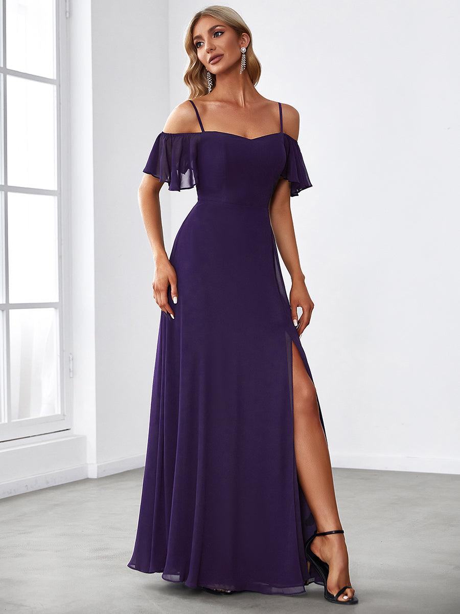 Robe invitée mariage fendue été sexy à épaules dénudées #Couleur_Violet Fonce