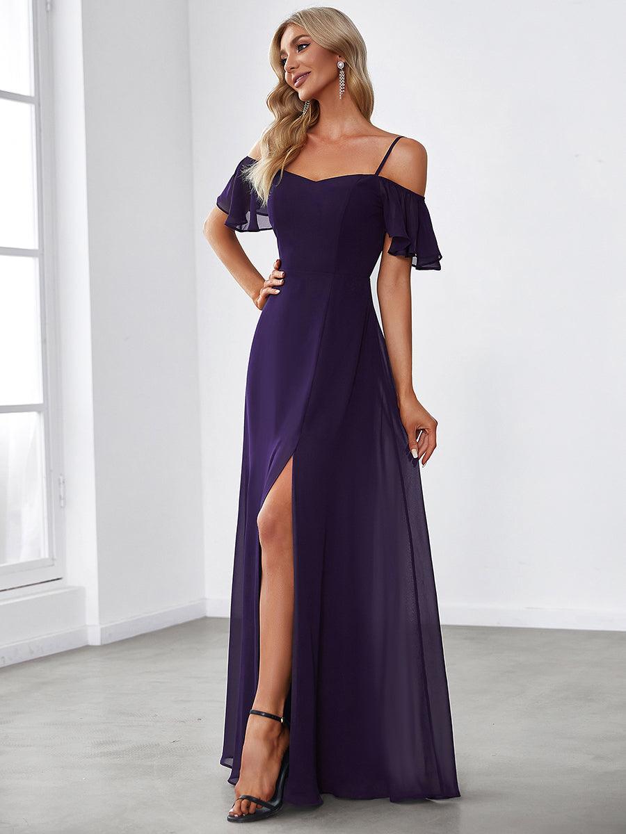 Robe invitée mariage fendue été sexy à épaules dénudées #Couleur_Violet Fonce