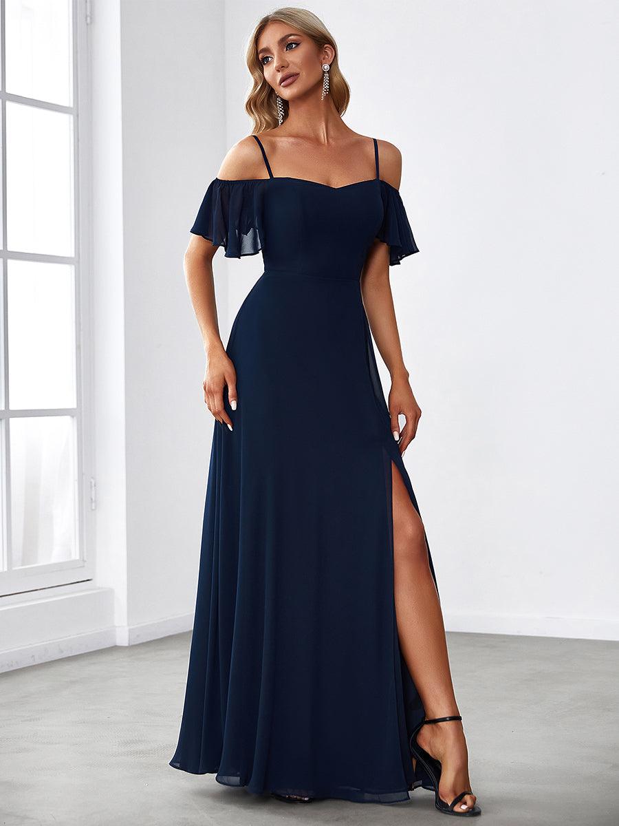 Robe invitée mariage fendue été sexy à épaules dénudées #Couleur_Bleu Marine