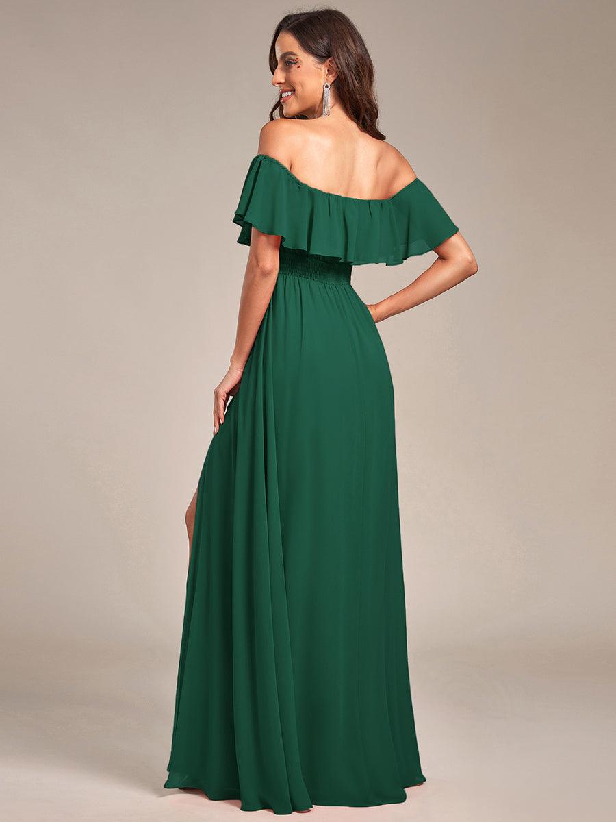 Robes de soirée Longue Fendue à épaules Dénudées à Volants #Couleur_Vert Fonce