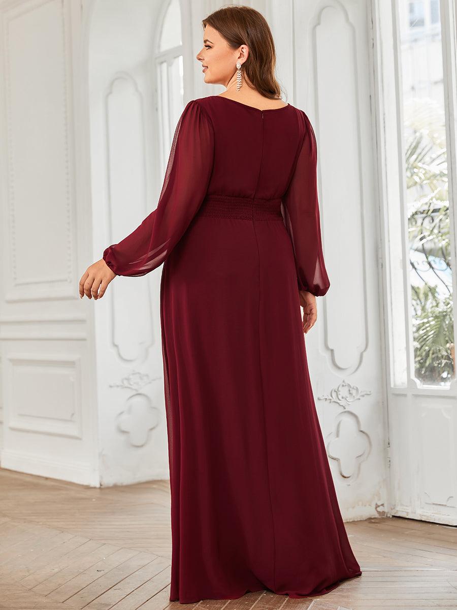 Robe de demoiselle d'honneur plissée à manches longues transparente de grande taille #Couleur_Bordeaux Robe de demoiselle d'honneur plissée à manches longues transparente de grande taille