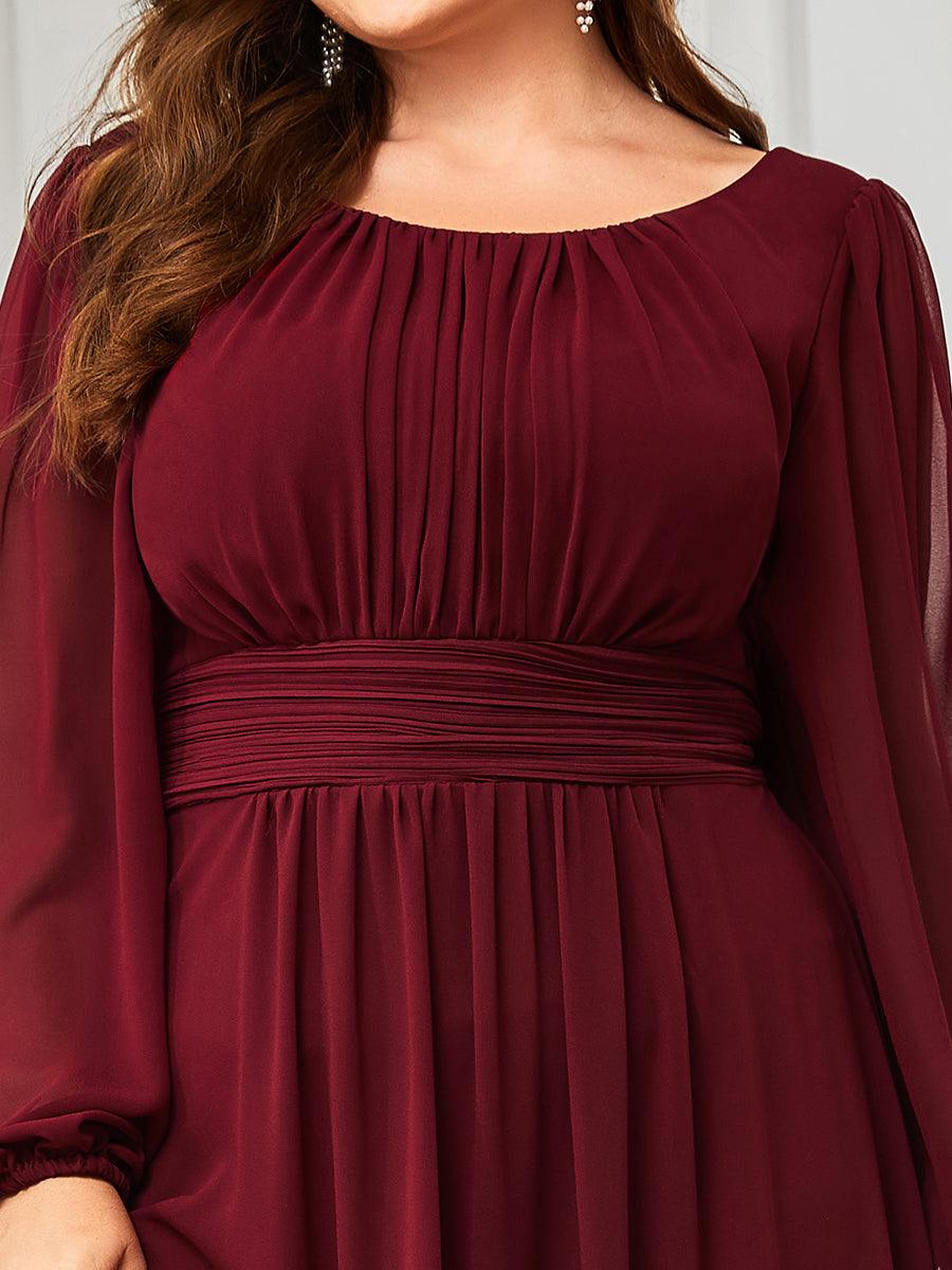 Robe de demoiselle d'honneur plissée à manches longues transparente de grande taille #Couleur_Bordeaux Robe de demoiselle d'honneur plissée à manches longues transparente de grande taille