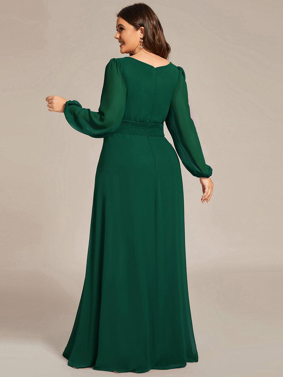 Robe de demoiselle d'honneur plissée à manches longues transparente de grande taille #Couleur_Vert Fonce