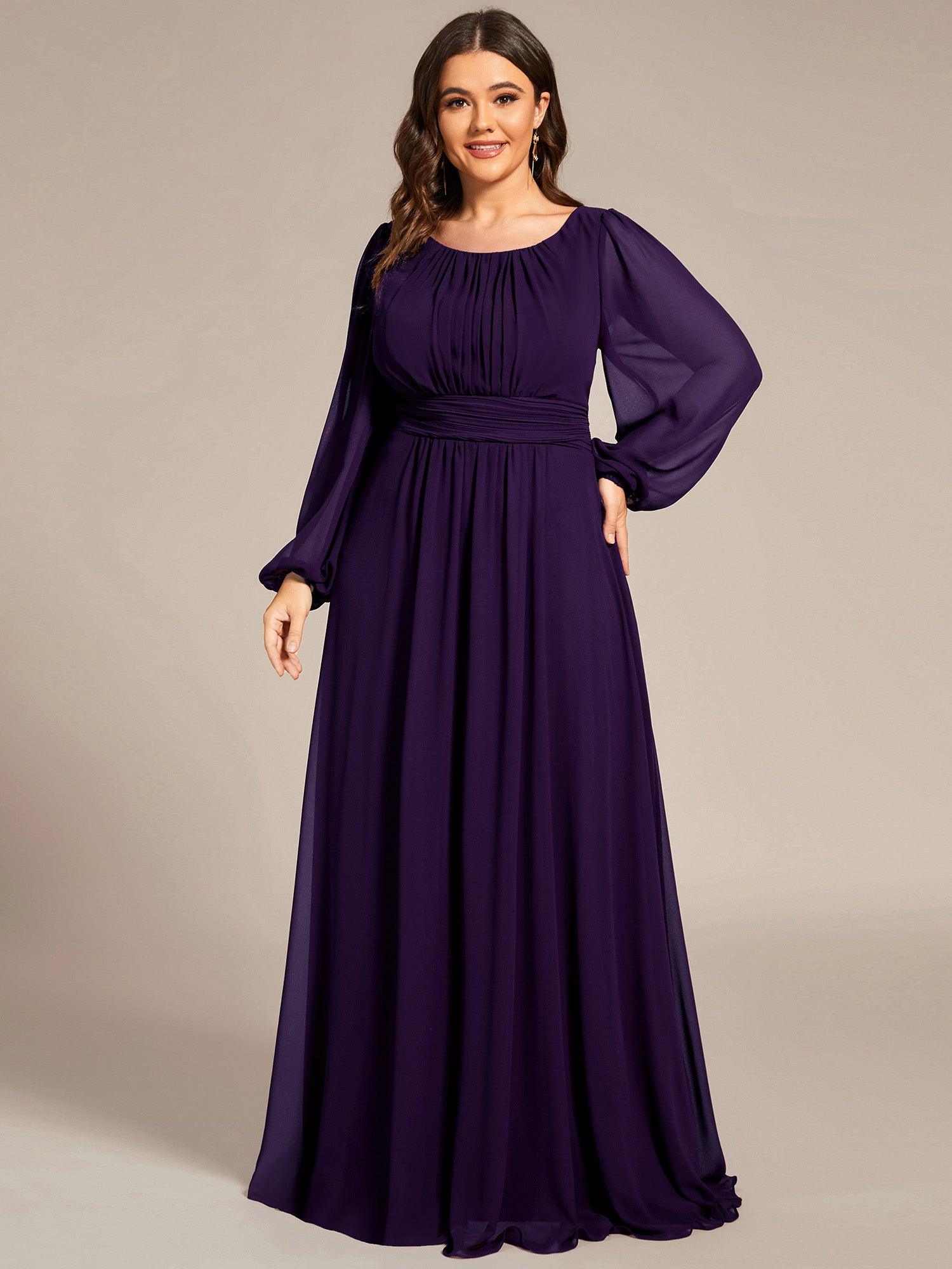 Robe de demoiselle d'honneur plissée à manches longues transparente de grande taille #Couleur_Bordeaux Robe de demoiselle d'honneur plissée à manches longues transparente de grande taille
