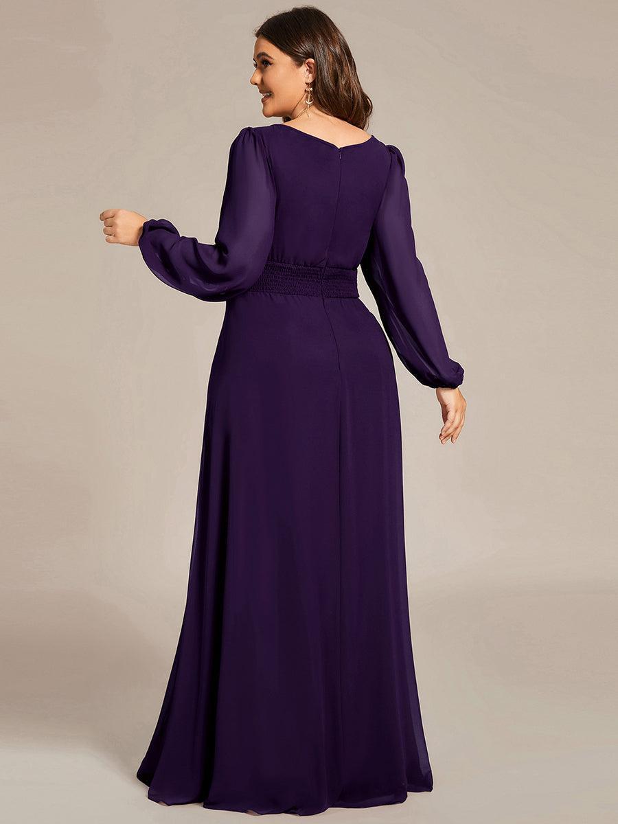 Robe de demoiselle d'honneur plissée à manches longues transparente de grande taille #Couleur_Bordeaux Robe de demoiselle d'honneur plissée à manches longues transparente de grande taille