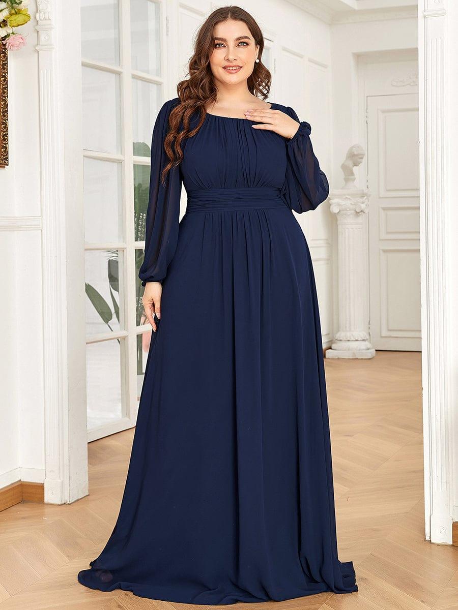 Robe de demoiselle d'honneur plissée à manches longues transparente de grande taille #Couleur_Bordeaux Robe de demoiselle d'honneur plissée à manches longues transparente de grande taille