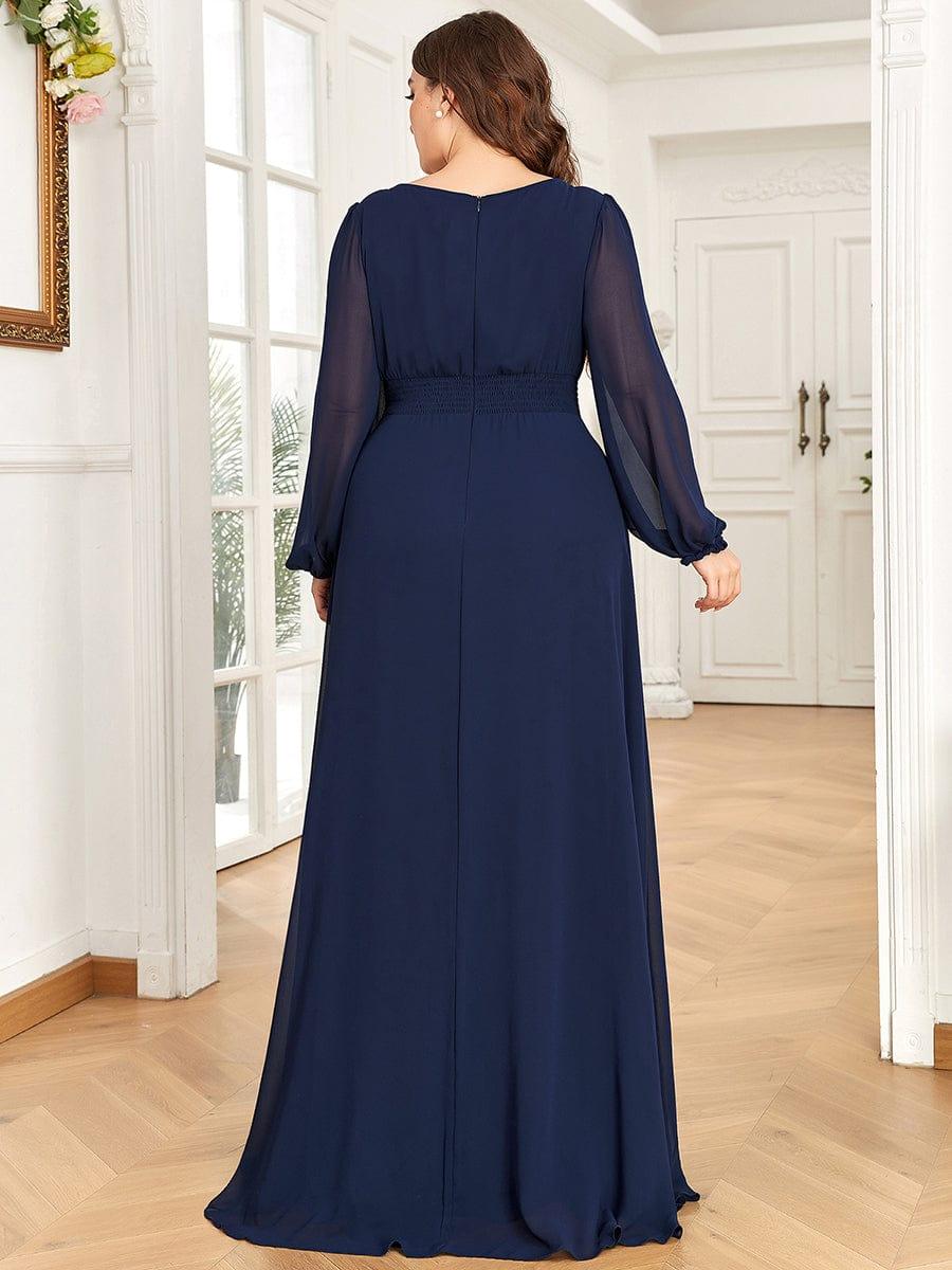 Robe de demoiselle d'honneur plissée à manches longues transparente de grande taille #Couleur_Bordeaux Robe de demoiselle d'honneur plissée à manches longues transparente de grande taille