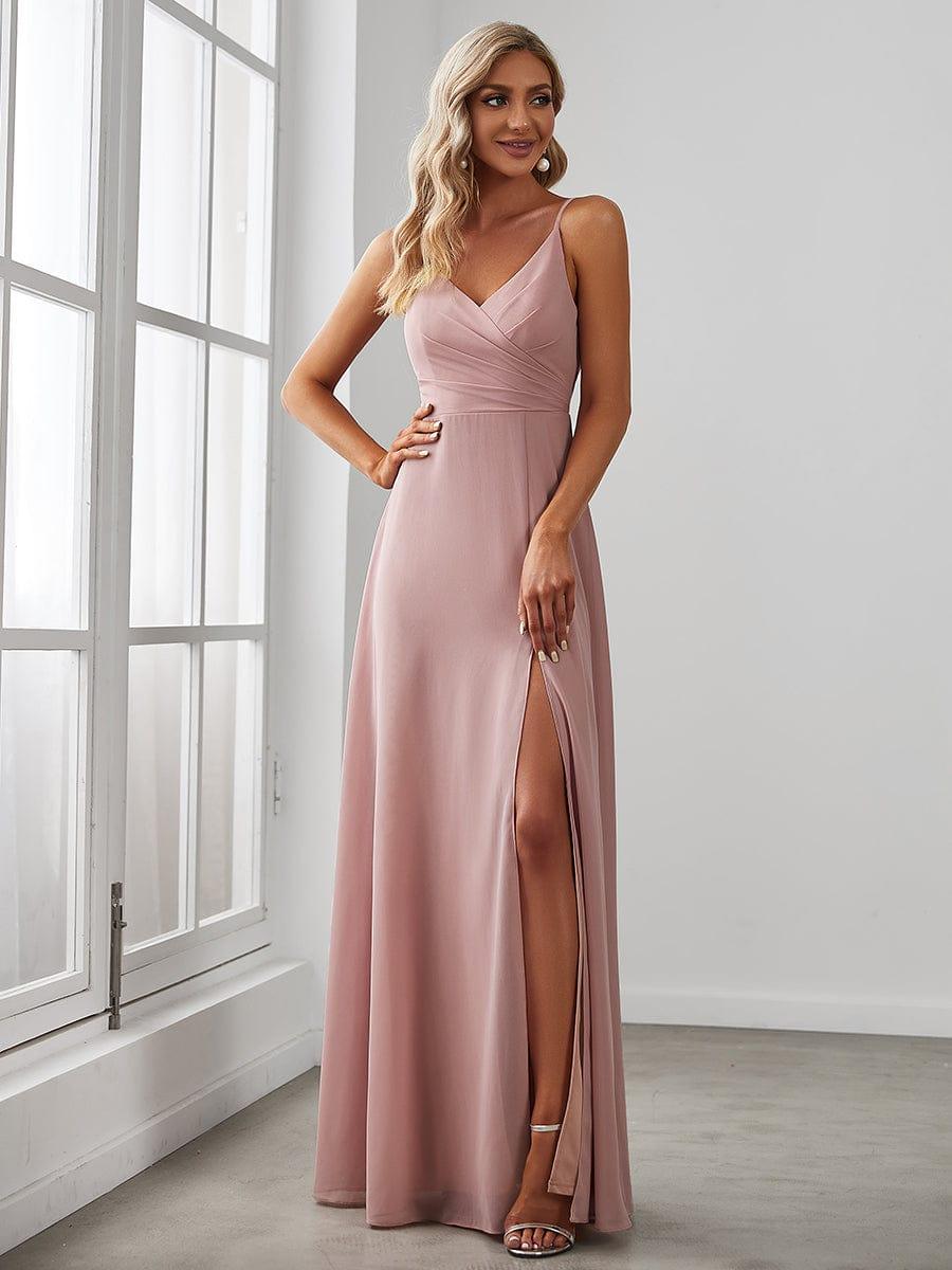 Taille personnalisée Robe de demoiselle d'honneur plissée à bretelles minces #Couleur_Rose fumee Taille personnalisée Robe de demoiselle d'honneur plissée à bretelles minces