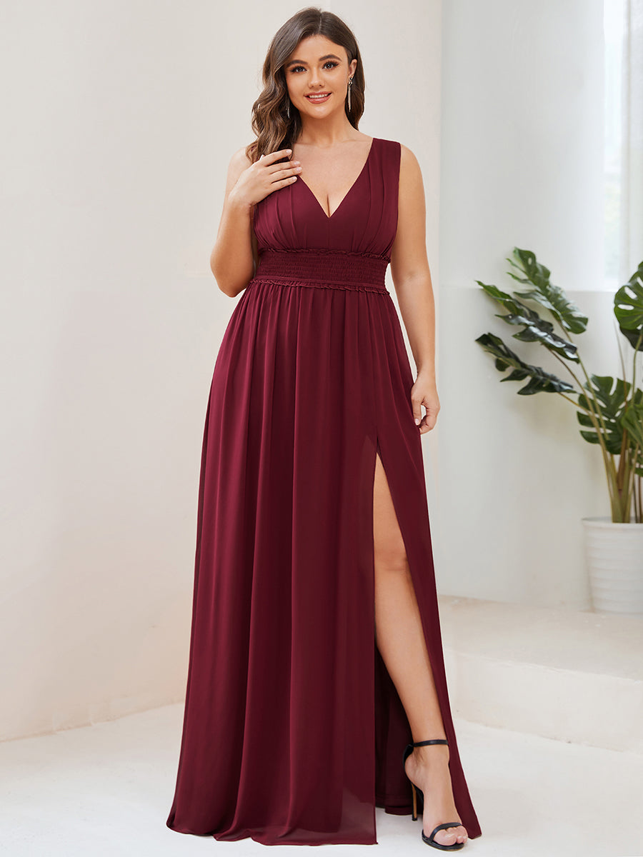 Robe de demoiselle d'honneur Mousseline plissée à encolure en V sans manches #Couleur_Bordeaux Robe de demoiselle d'honneur Mousseline plissée à encolure en V sans manches