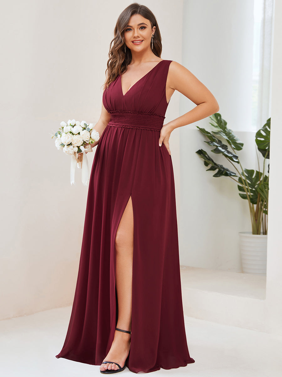 Robe de demoiselle d'honneur Mousseline plissée à encolure en V sans manches #Couleur_Bordeaux Robe de demoiselle d'honneur Mousseline plissée à encolure en V sans manches