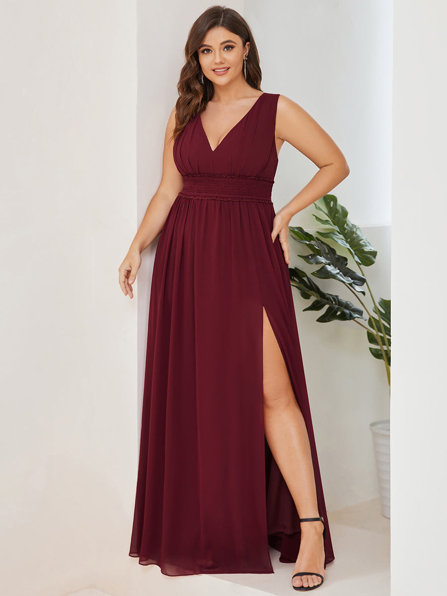 Robe de demoiselle d'honneur Mousseline plissée à encolure en V sans manches #Couleur_Bordeaux Robe de demoiselle d'honneur Mousseline plissée à encolure en V sans manches