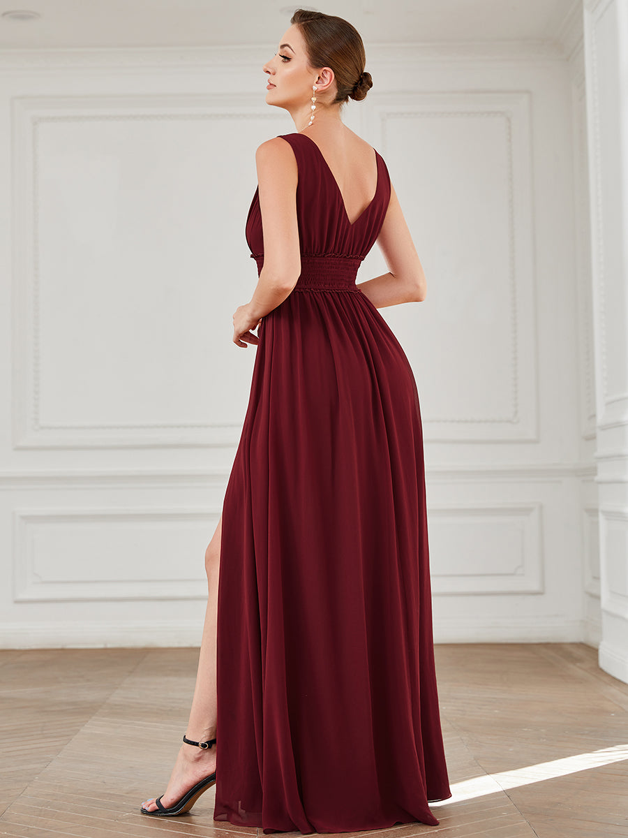 Robe de demoiselle d'honneur Mousseline plissée à encolure en V sans manches #Couleur_Bordeaux Robe de demoiselle d'honneur Mousseline plissée à encolure en V sans manches