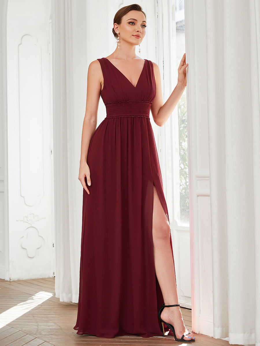 Robe de demoiselle d'honneur Mousseline plissée à encolure en V sans manches #Couleur_Bordeaux Robe de demoiselle d'honneur Mousseline plissée à encolure en V sans manches