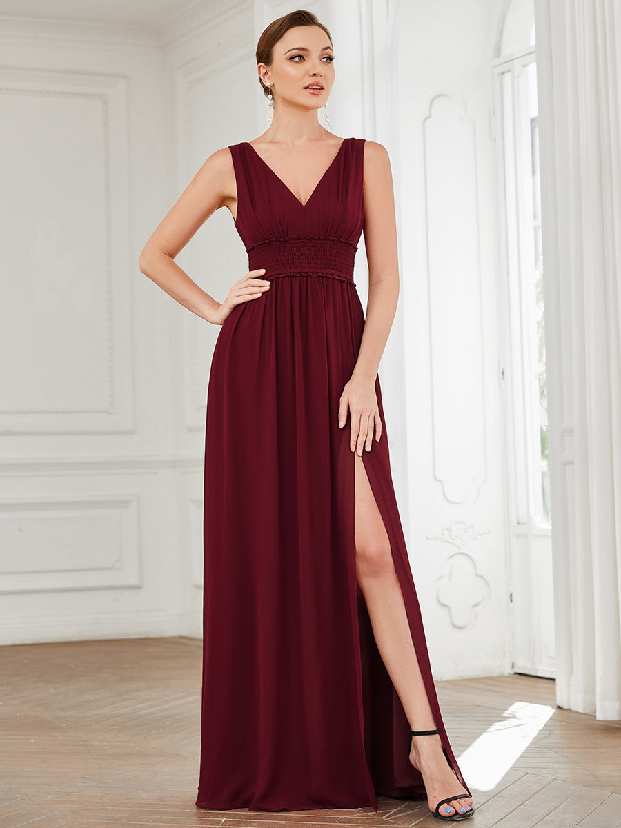 Robe de demoiselle d'honneur Mousseline plissée à encolure en V sans manches #Couleur_Bordeaux Robe de demoiselle d'honneur Mousseline plissée à encolure en V sans manches