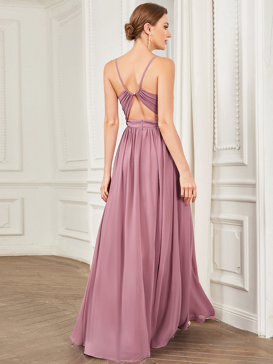Robe demoiselle d'honneur A-ligne plissée à encolure V en mousseline #Couleur_Orchidee Robe demoiselle d'honneur A-ligne plissée à encolure V en mousseline