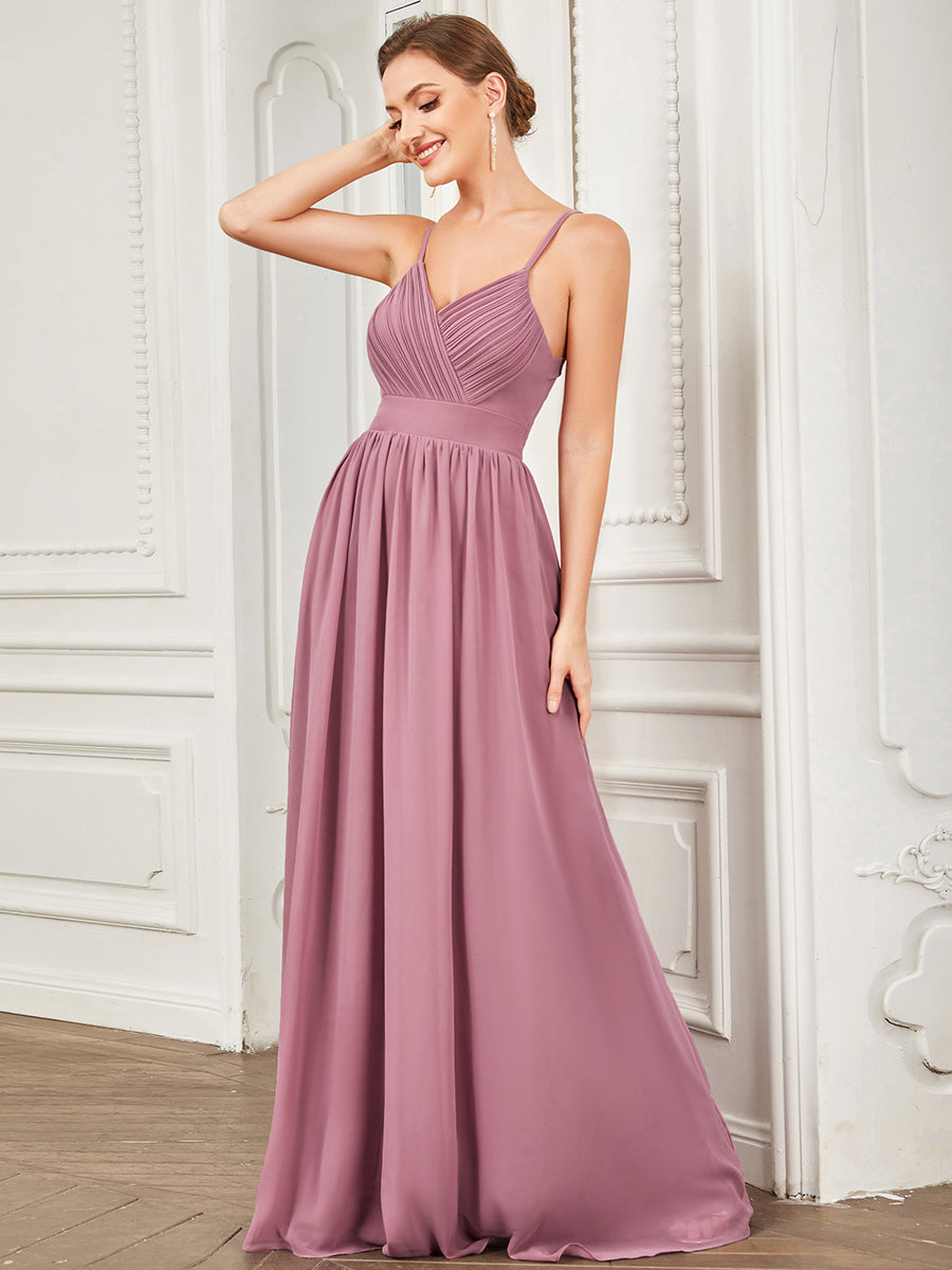 Robe demoiselle d'honneur A-ligne plissée à encolure V en mousseline #Couleur_Orchidee Robe demoiselle d'honneur A-ligne plissée à encolure V en mousseline