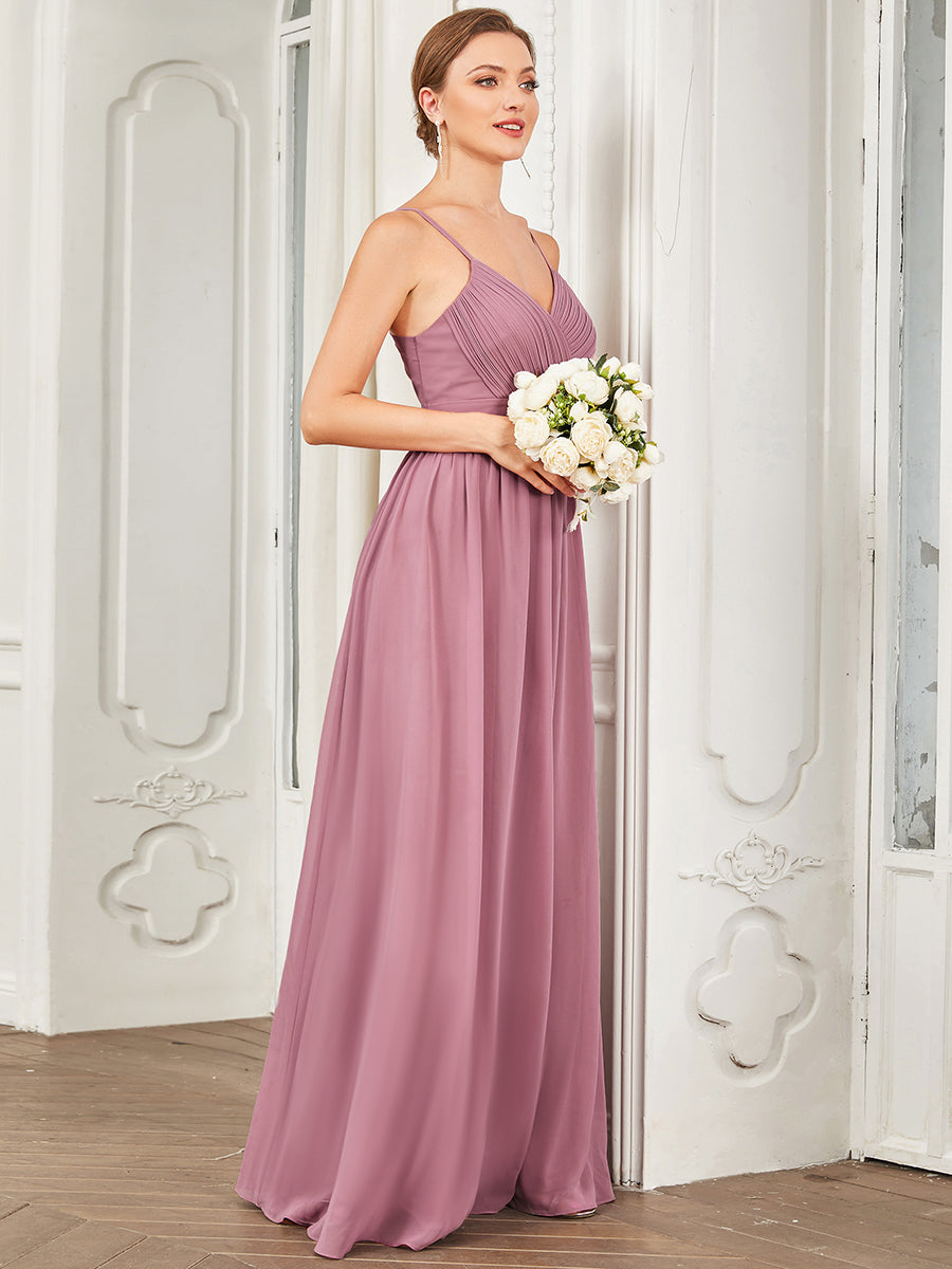 Robe demoiselle d'honneur A-ligne plissée à encolure V en mousseline #Couleur_Orchidee Robe demoiselle d'honneur A-ligne plissée à encolure V en mousseline