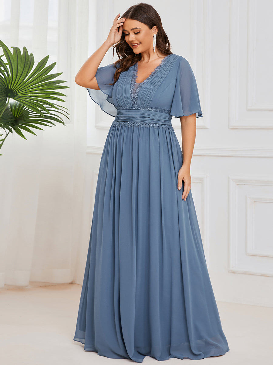 Robe demoiselle d'honneur mousseline plissée Manches courtes Dentelle Grande taille #Couleur_Marine Fume Robe demoiselle d'honneur mousseline plissée Manches courtes Dentelle Grande taille