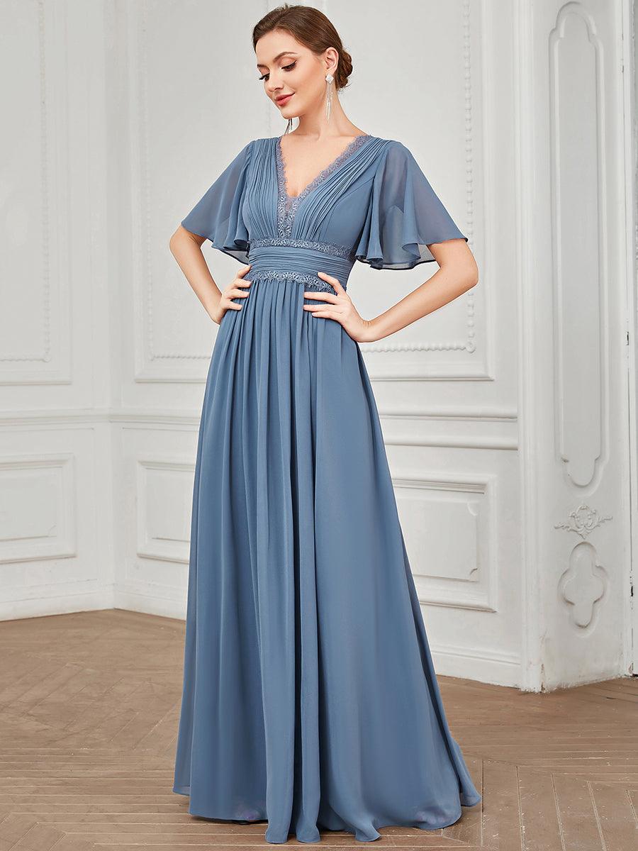 Robe demoiselle d'honneur mousseline plissée Manches courtes Dentelle #Couleur_Marine Fume Robe demoiselle d'honneur mousseline plissée Manches courtes Dentelle